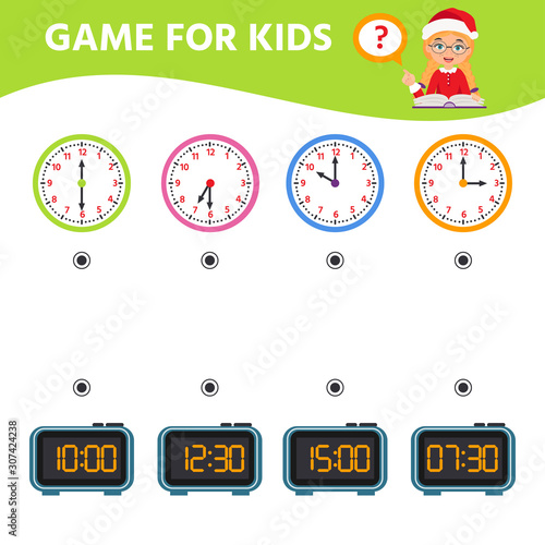 Game for children. Educational worksheet for preschool kids. Puzzle with clock and numbers. What time is it? Vector illustration