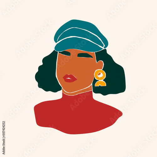 Female portrait. Lady character. Woman silhouette. Paper cut mosaic style. Modern fashion look. Hand drawn vector abstract illustration. Flat design. Isolated on a beige background