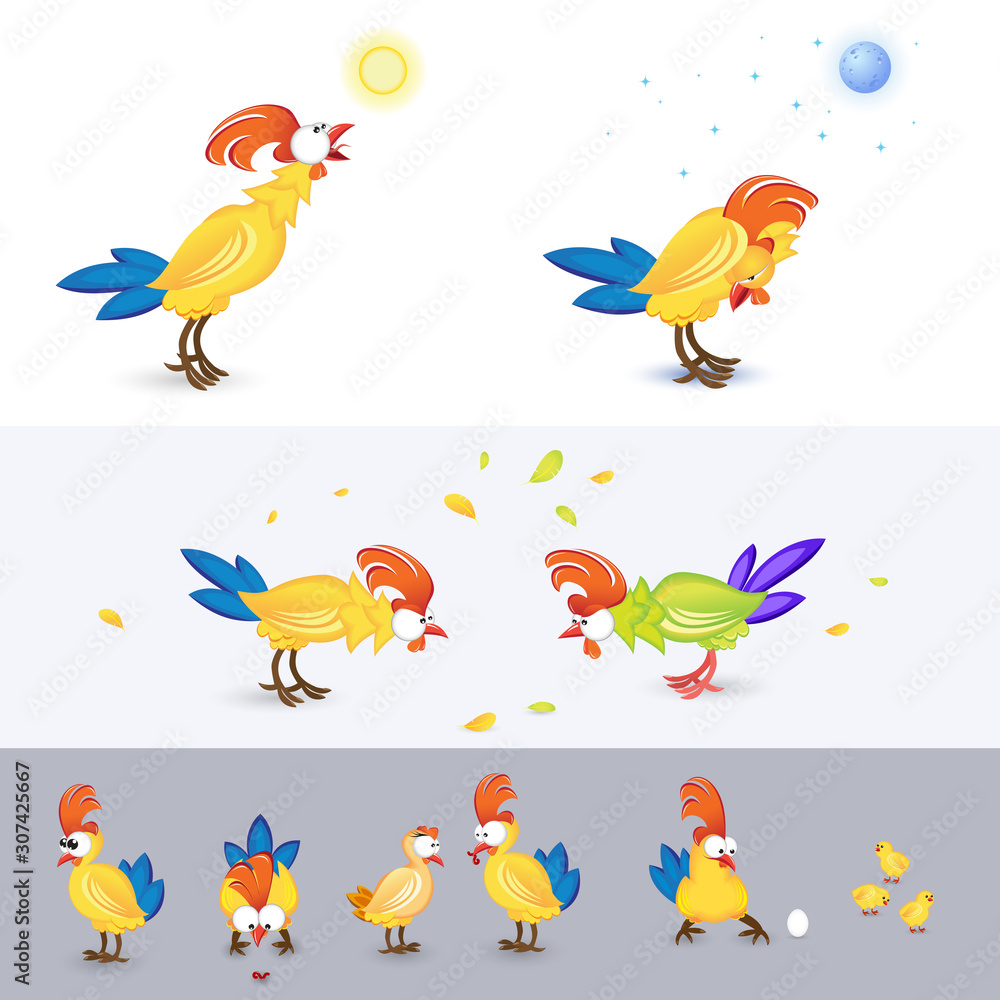 Obraz premium Set of Funny Cartoon Roosters. Character Design of Cocks Used for Books, Stickers or Posters