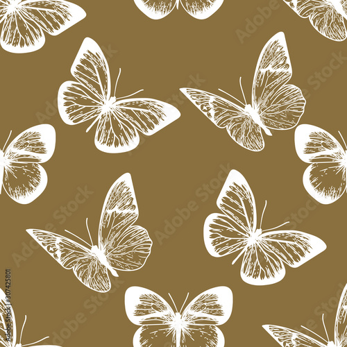 Vector hand drawn engraving seamless pattern of white butterflies.