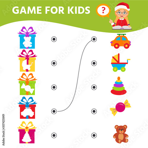 Game for children. Educational worksheet for preschool kids. Find a match what's in the gift box. Christmas, new year theme.
