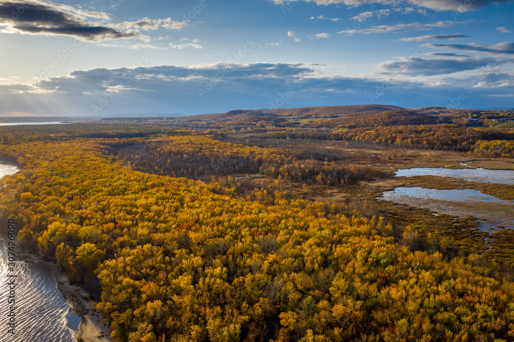 Beautiful aerial view of autumn colors sunset