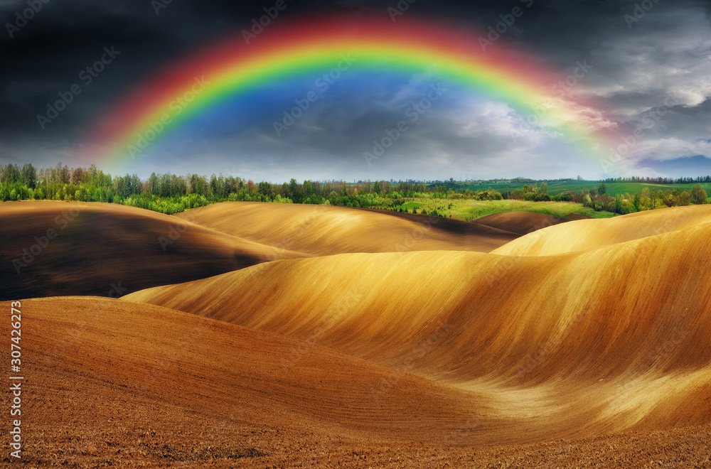 rainbow over the field. picturesque field rainbow over the field. picturesque field