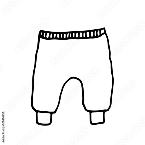Clothes kids in line, doodle style on isolated white background. Hand drawn black outline. Stock vector illustration.