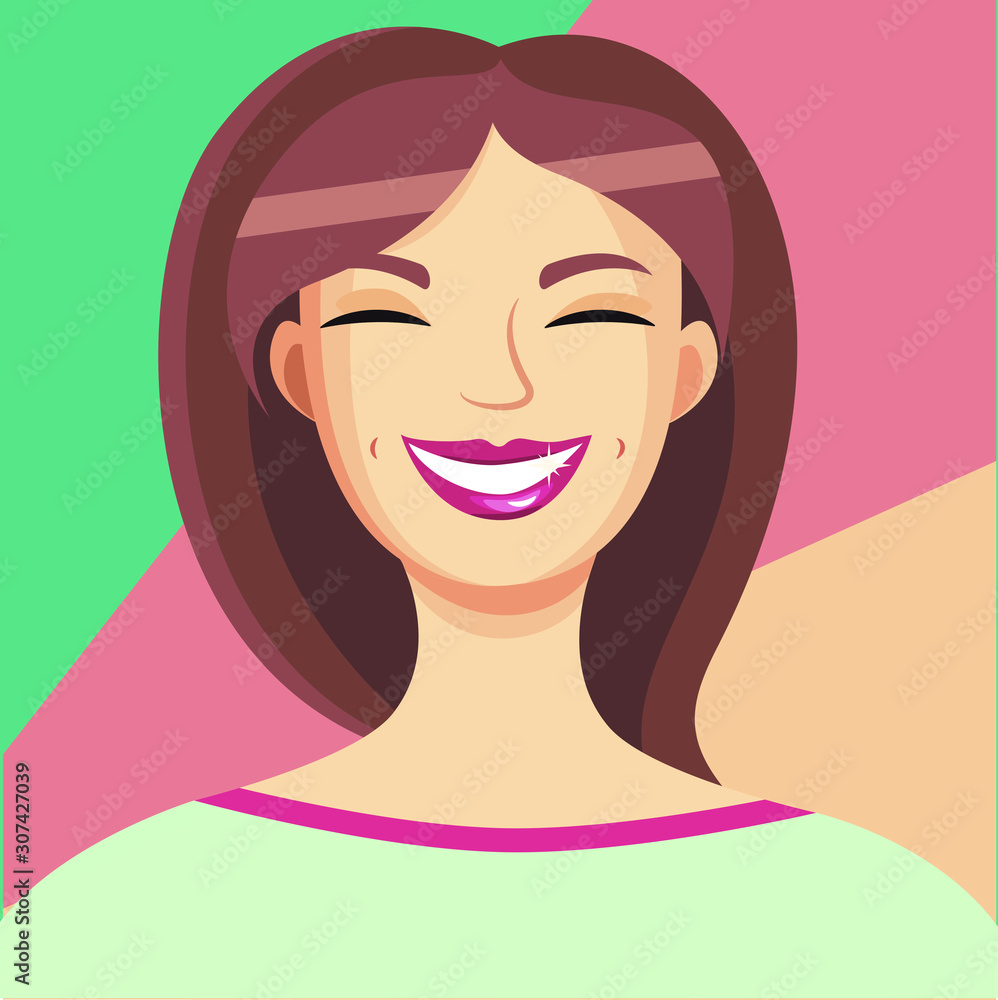 Cartoon portrait of a smiling girl with light brown hair in a turquoise sweater, with red lips and closed eyes on a colorful background. Cartoon portrait of a smiling girl with light brown hair in a turquoise sweater, with red lips and closed eyes on a colorful background.