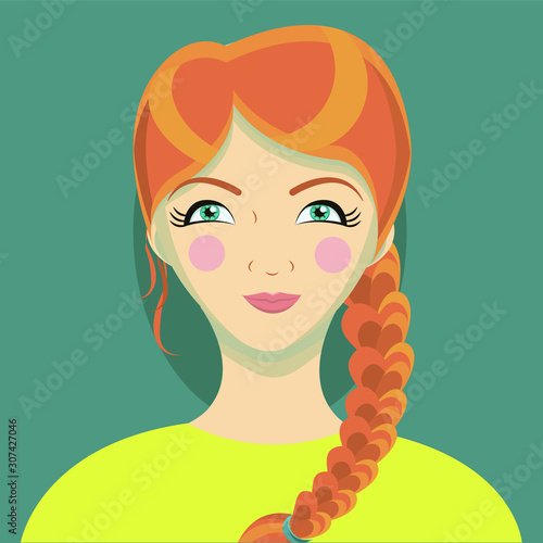 Cartoon portrait of a red-haired girl, with braided hair in a green sweater, with red lips and green eyes on a green background.