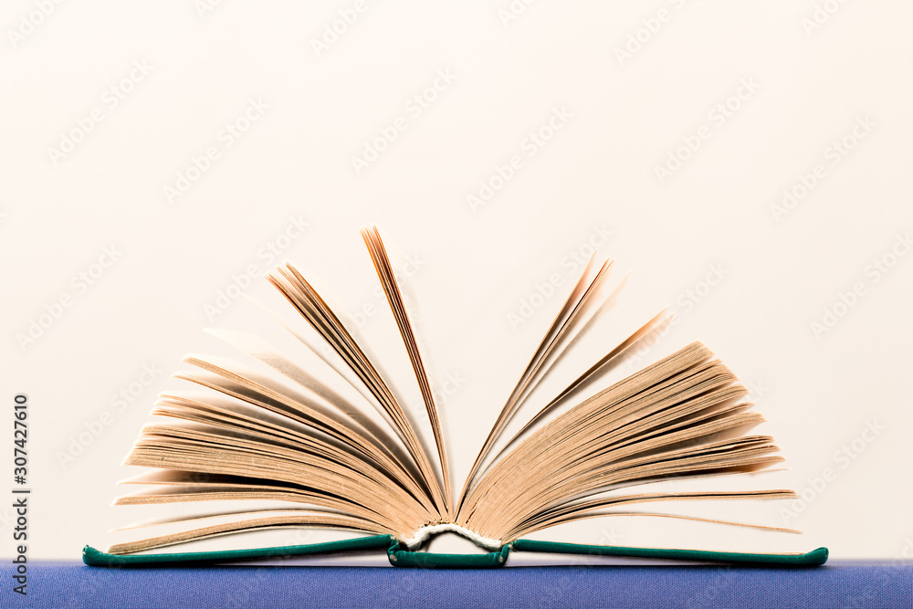 Side view of open book laying on table against light background Stock