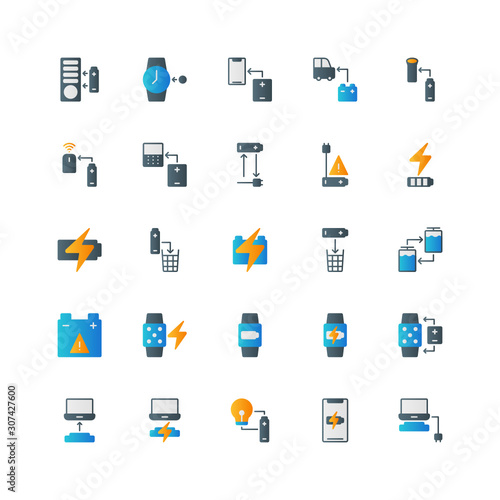 Set of battery use, electricity, flat style icon - vector