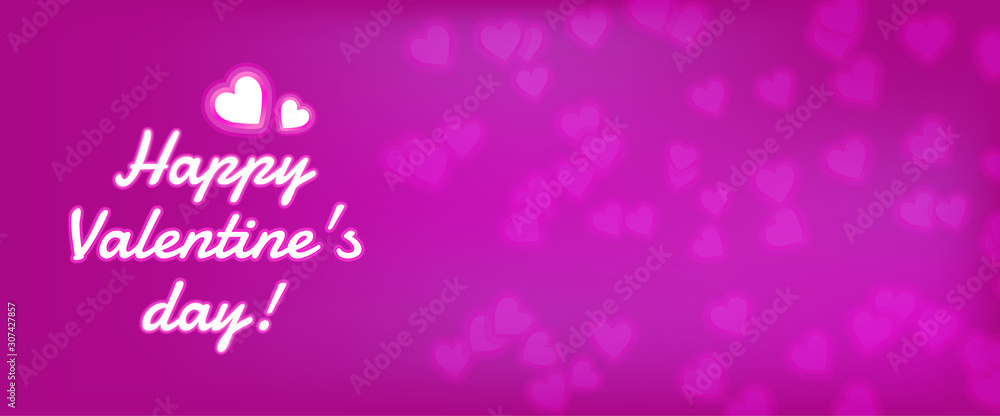 Happy Valentine's day card illustration design for the loved ones with realistic neon letters against pink background with heart shaped pattern texture. 
