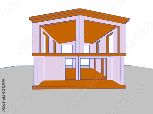 3D rendering of a modular house in a sketch