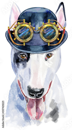 Watercolor portrait of bull terrier with hat bowler and steampunk glasses
