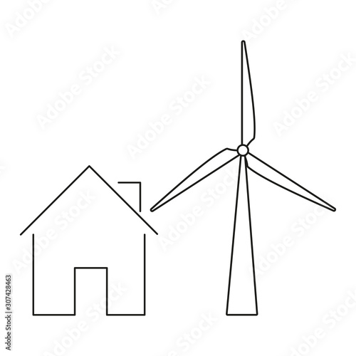 Black house outline with wind generator or Windmill isolated on white backgro...