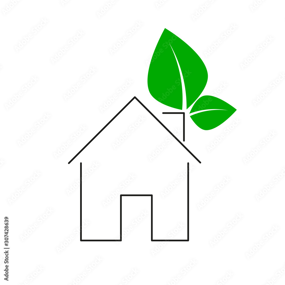 Black house outline with green leaves isolated on white background ...