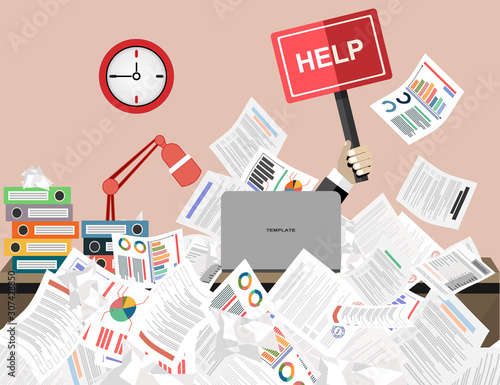 Businessman needs help under a lot of documents and holding a HELP placard, in office.