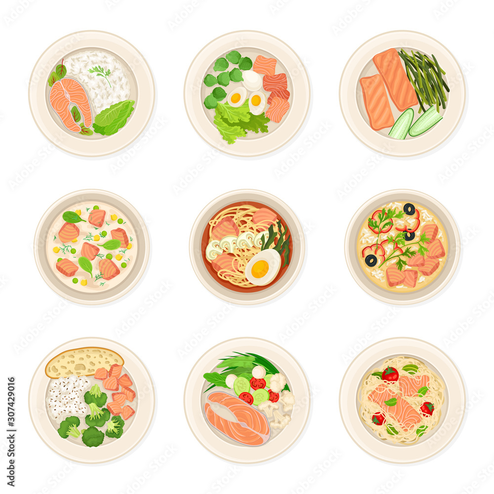 Dishes With Salmon Vector Set. Top View of Different Courses Collection Dishes With Salmon Vector Set. Top View of Different Courses Collection