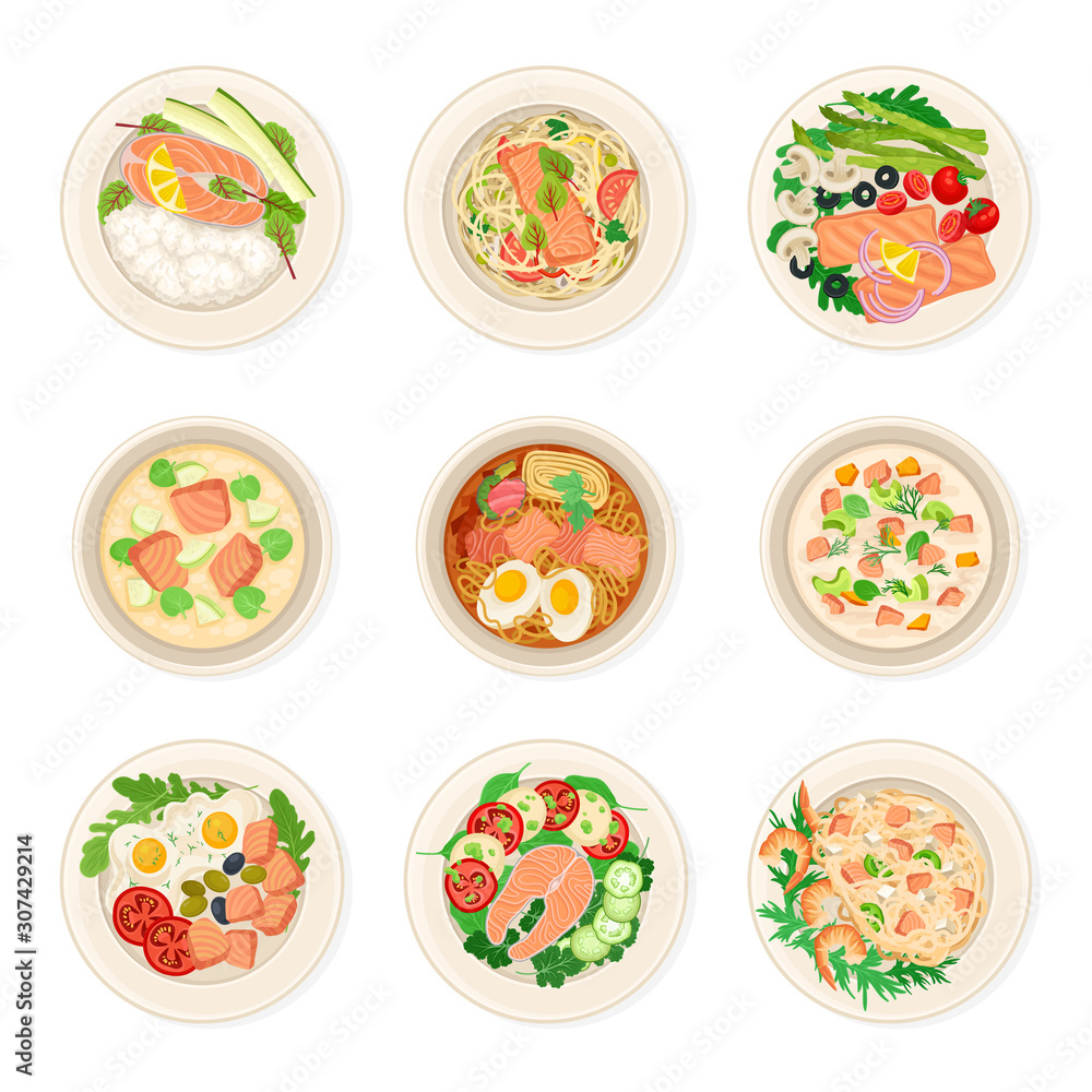 Dishes With Salmon Vector Set. Top View of Different Courses Collection Dishes With Salmon Vector Set. Top View of Different Courses Collection