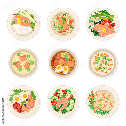 Dishes With Salmon Vector Set. Top View of Different Courses Collection
