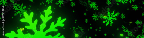 green Bokeh abstract Christmas and new year background with stunning motion of snowflakes lighting. 3d illustration