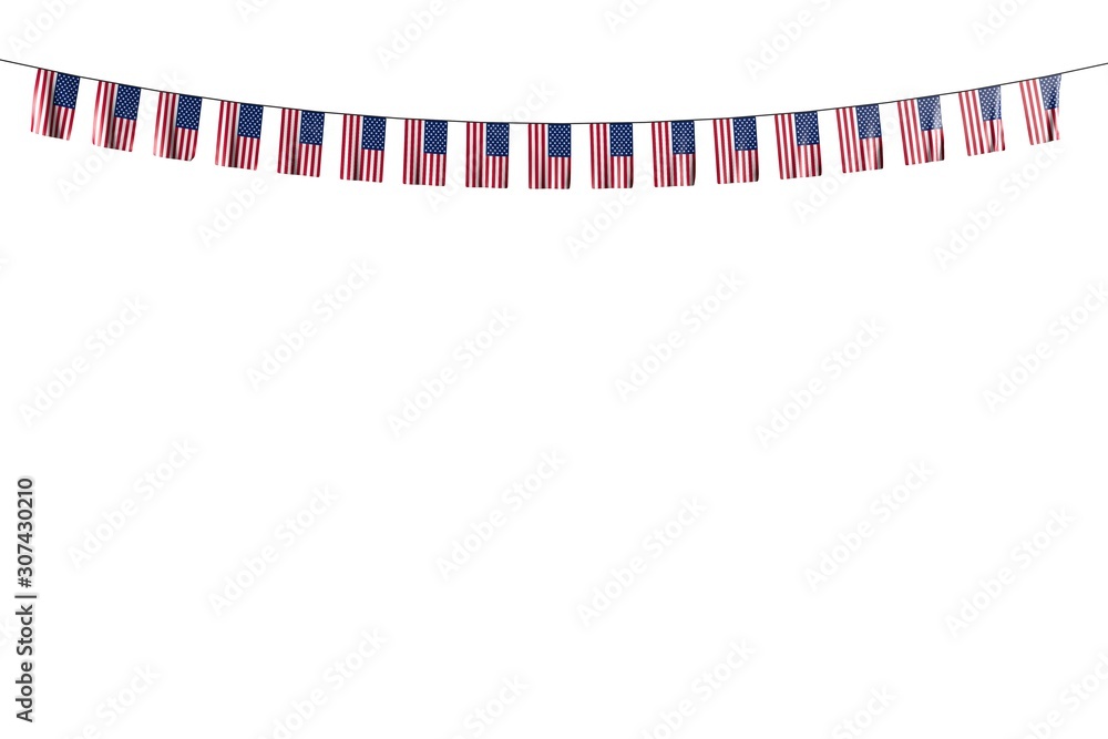 cute many USA flags or banners hangs on string isolated on white - any celebration flag 3d illustration..
