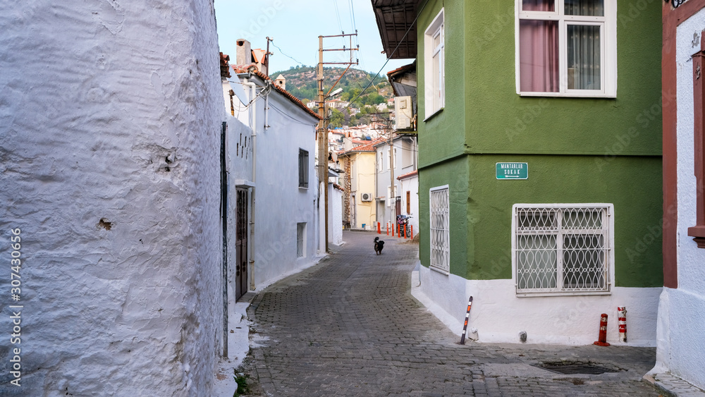 A view of the narrow streets of Mugla. Streets of old Mugla. Turkey.