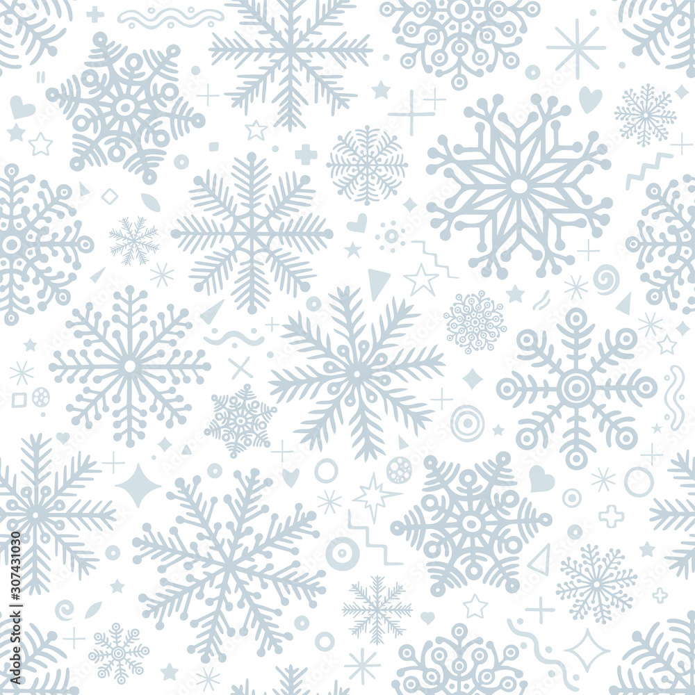 Hand drawn snowflakes and shapes seamless background. Hand drawn different snowflakes and doodles endless frozen texture. Winter holidays sketch drawing seamless pattern. Part of set. Hand drawn snowflakes and shapes seamless background. Hand drawn different snowflakes and doodles endless frozen texture. Winter holidays sketch drawing seamless pattern. Part of set.