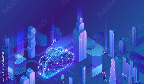 Cloud computing concept, server, smartphone, modem, futuristic city, tablet connected in neural network, isometric vector technolodgy background, modern blue design