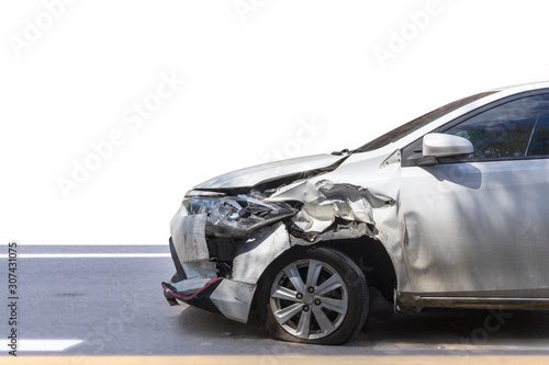 Front of white color car damaged and broken by accident isolated on white background. Save with clipping path.