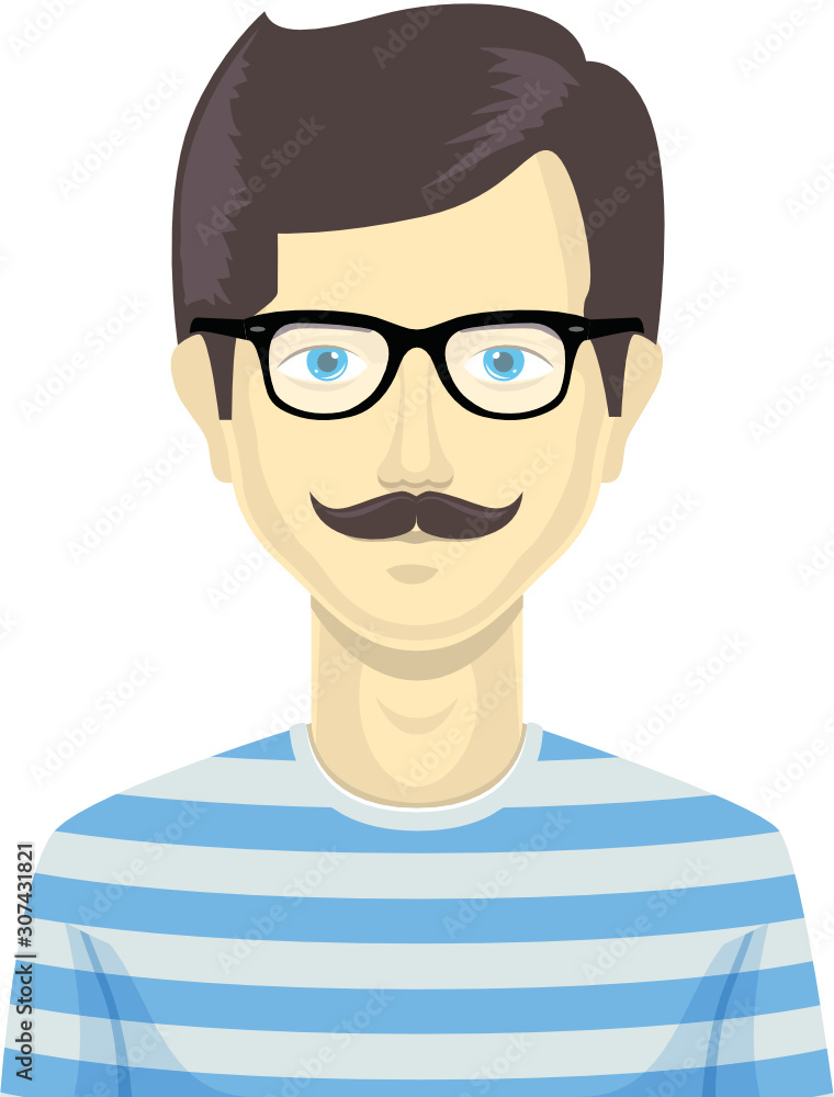 Man male character avatar, vector portrait. Stylish type clothes with glasses and moustaches. Modern fashion style.