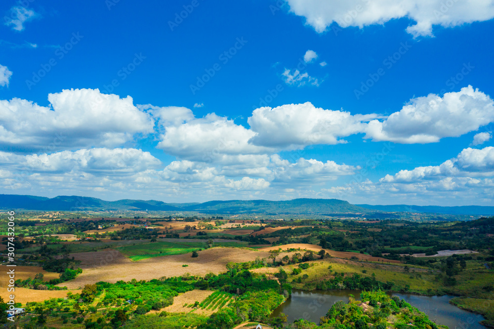 Aerial view landscape in Nakhon Ratchasima province, Thailand. Scenery consist of mountain and blue sky with clouds.