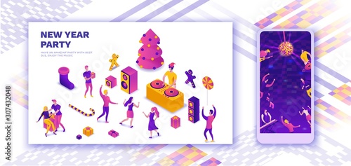 New year celebration landing page, design kit, social media stories vector, christmas giveaway template, happy office people, party background, bash, holiday poster, mobile story wallpaper layout
