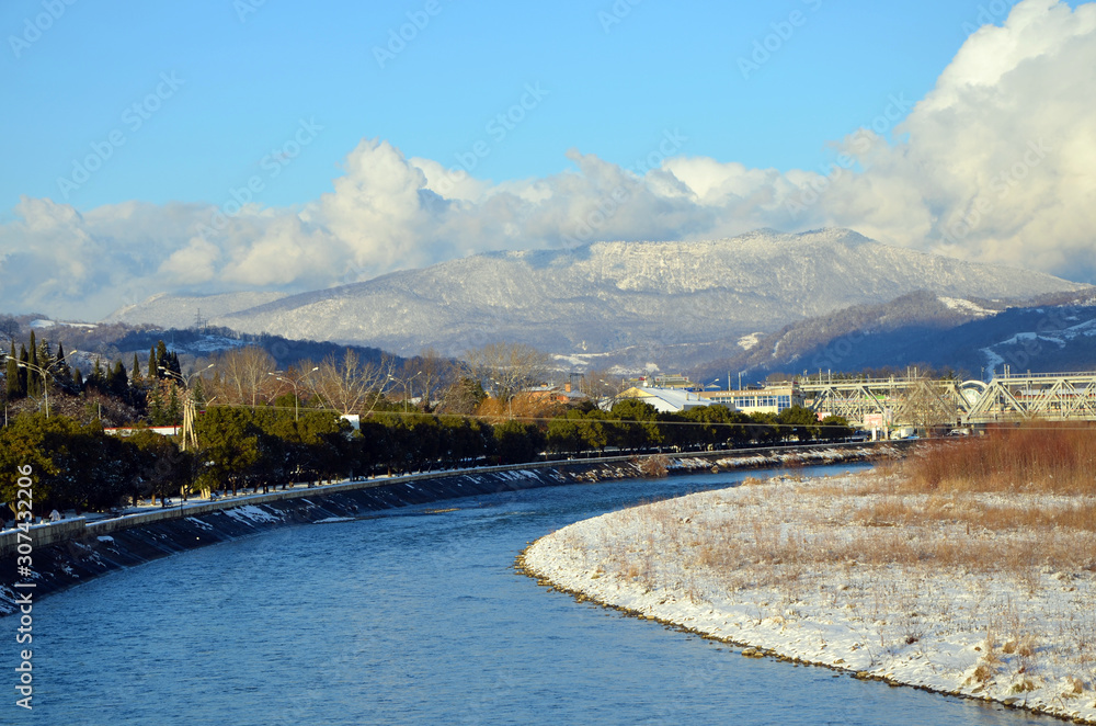 winter landscape with river and mountains