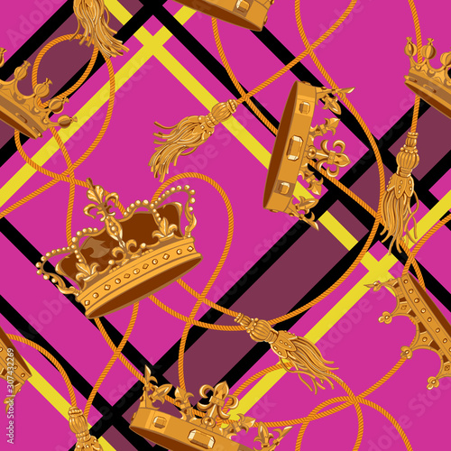Seamless pattern with golden crowns and baroque tassels. Vector striped patch for scarfs, print, fabric.