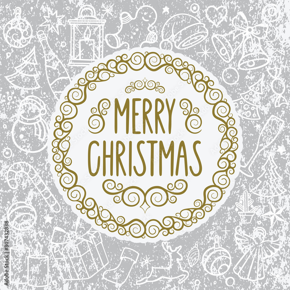 Merry Christmas. Christmas vintage style greeting with doodle background. Christmas hand drawn retro illustration. Christmas illustration with holiday signs and symbols.
