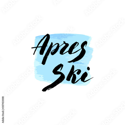 Apres ski font logo on blue background. Trendy brush lettering font. Apres ski leisure text for leaflet, flyer, menu, advertisement. Vector eps 10.