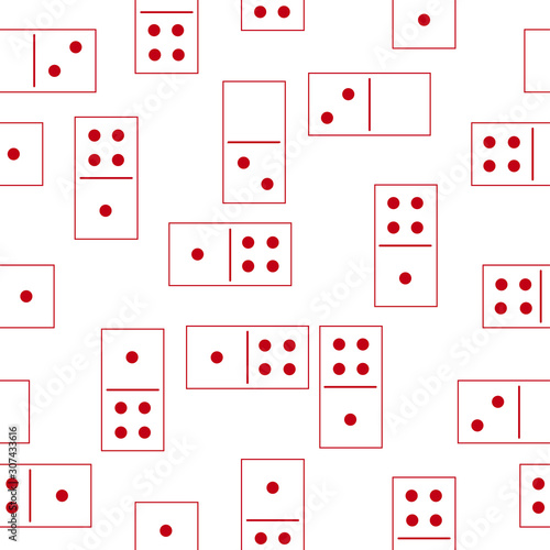 Dominoes. Monochromatic domino game pieces, cubes with red dot symbols, numbers one, two, four. Minimalist modern seamless pattern on white background, linear vector design