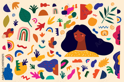Colorful pattern with girl and abstract stylish individual design elements. 