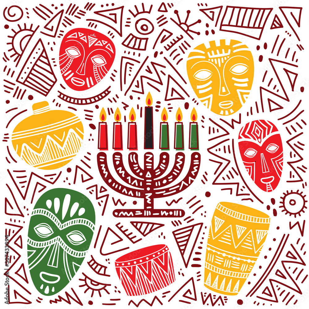 Happy Kwanzaa. Hand drawn vector illustration. Greeting card with kinara and traditional colored candles.