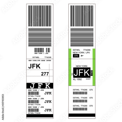 Luggage with airport sticker label - suitcase with tag and JFK New York airport sign