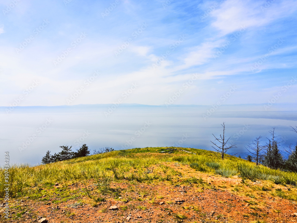 landscape with lake and blue sky