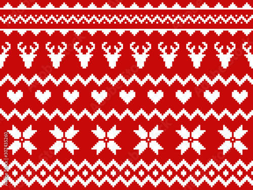 Nordic traditional seamless pattern. Norway Christmas sweater. Red and white knitted Christmas pattern with deers, hearts and snowflakes. Hygge. Scandinavian winter pattern