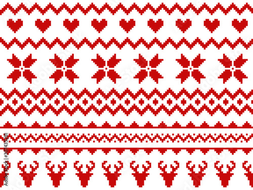 Nordic traditional seamless pattern. Norway Christmas sweater. Red and white knitted Christmas pattern with deers, hearts and snowflakes. Hygge. Scandinavian winter pattern