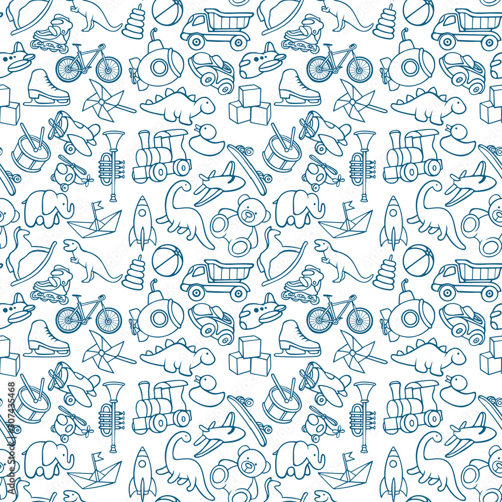 Toys hand drawn seamless pattern. Toys endless sketch drawing texture. Childish background. Part of set.