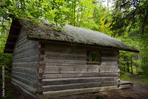Moss covered roof of historic log cabin at Eau Claire Gorge Conservation Area on forest trail