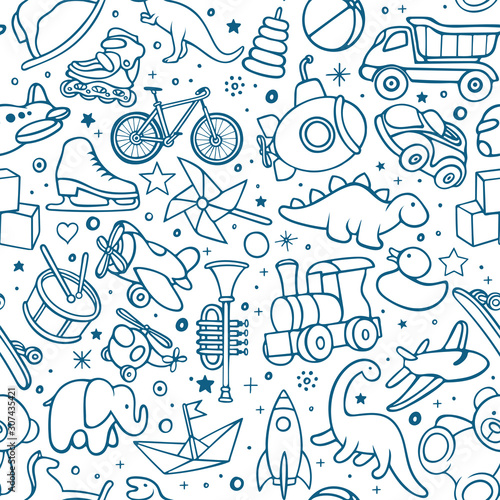 Toys hand drawn seamless pattern. Toys endless sketch drawing texture. Childish background. Part of set.