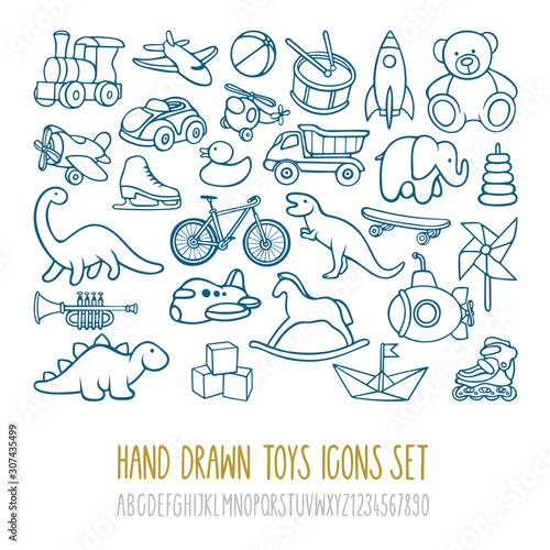 Toys collection. Hand drawn toy icons set and hand lettering alphabet with numbers. Part of set. 