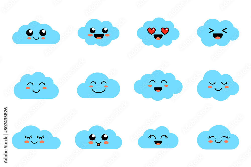 Funny clouds - vector collection. Set of clouds with emoji. Kawai cloud faces. Cute emoticons. Flat. Vector illustration.