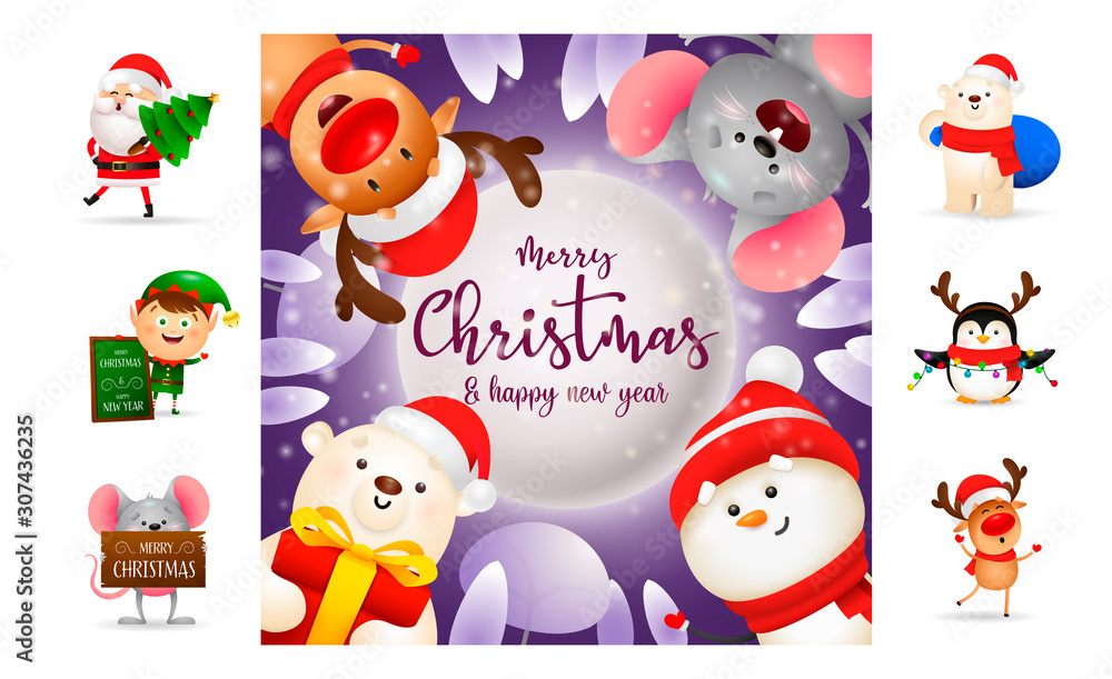 Fototapeta premium Merry Christmas and happy New Year banner. Text with decorations can be used for invitation and greeting card. New Year concept