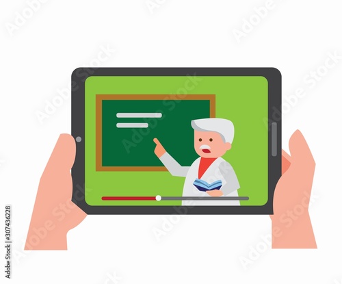 streaming video on tablet, education, online training course flat illustration vector