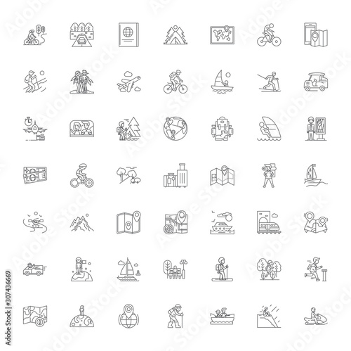 Adventure travel line icons, signs, symbols vector, linear illustration set