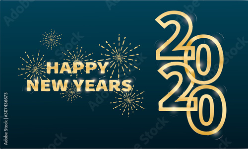 Happy new year 2020 Celebration design template   Elegant gold text with light. Minimalistic template Design for calendar  greeting cards or print